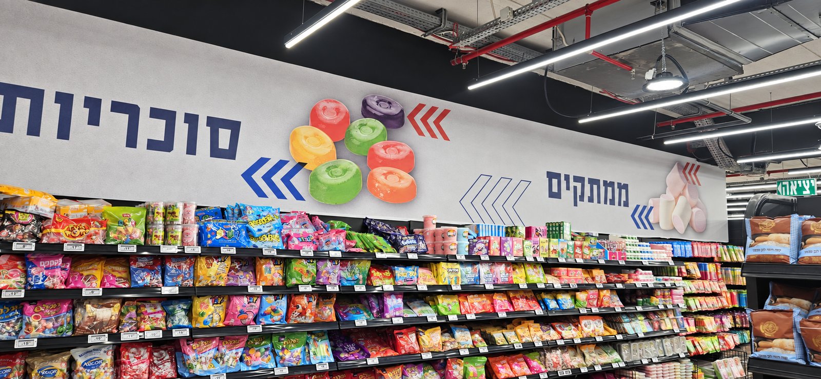 שילוט מחלקות בסופרמרקט — סוכריות וממתקים, מעל המדפים