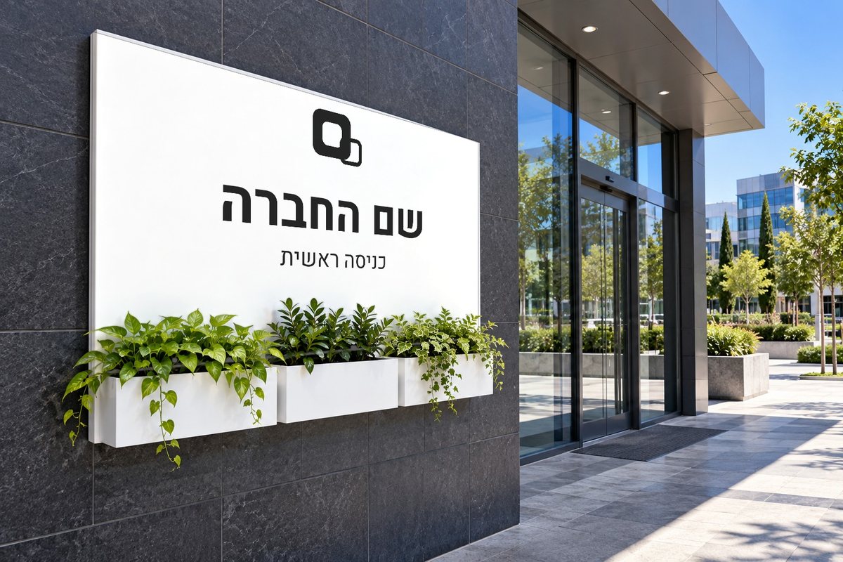 שלט רחב עם שם חברה על קיר אבן כהה בכניסה לבניין משרדים