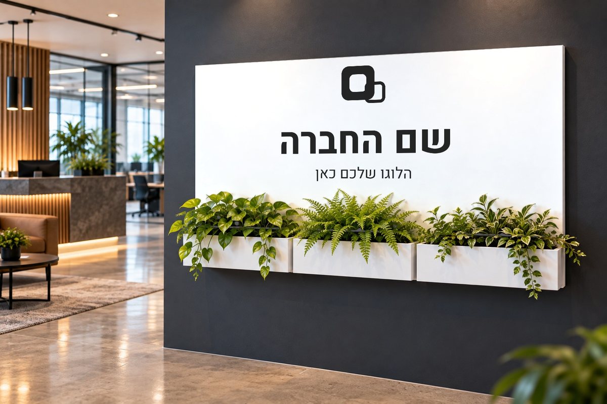 שלט לבן עם לוגו ושם חברה על קיר כהה בלובי