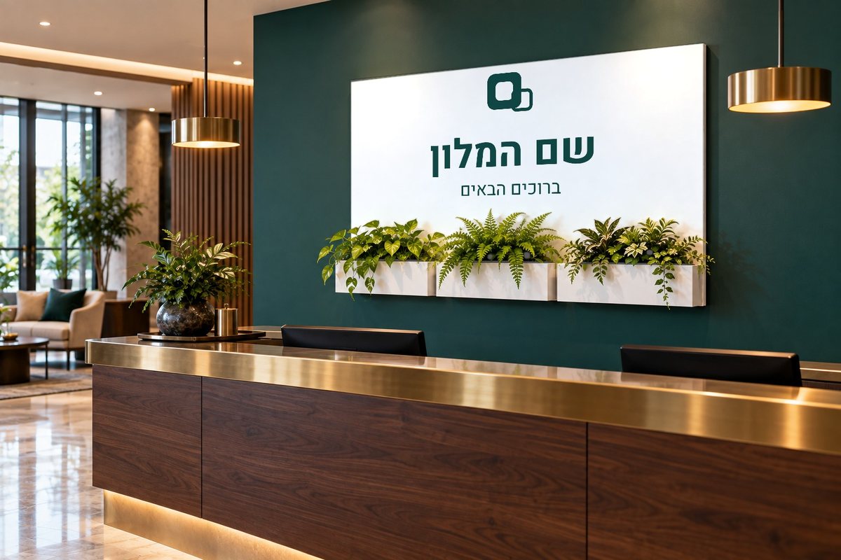 שלט רחב עם שלוש אדניות על הקיר שמאחורי דלפק קבלה