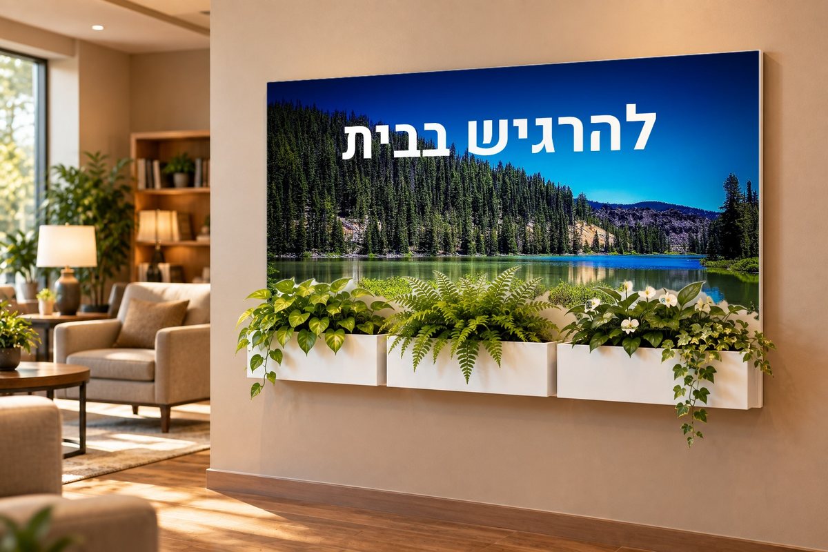 שלט רחב עם תמונת אגם והכיתוב להרגיש בבית, בלובי של בית אבות