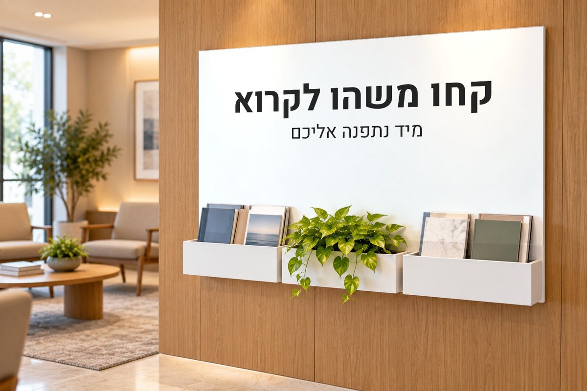 שלט רחב בחדר המתנה, ובתיבות שבתחתיתו מגזינים וספרים