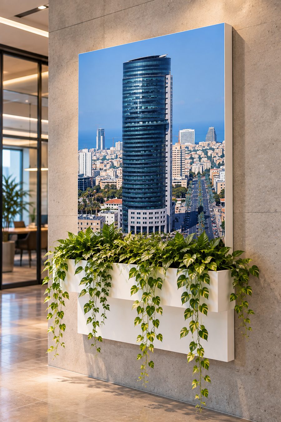 תמונה של בניין מגורים מודפסת על שלט עם אדנית בלובי