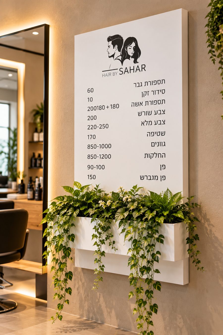 מחירון מספרה מודפס על שלט עם אדנית